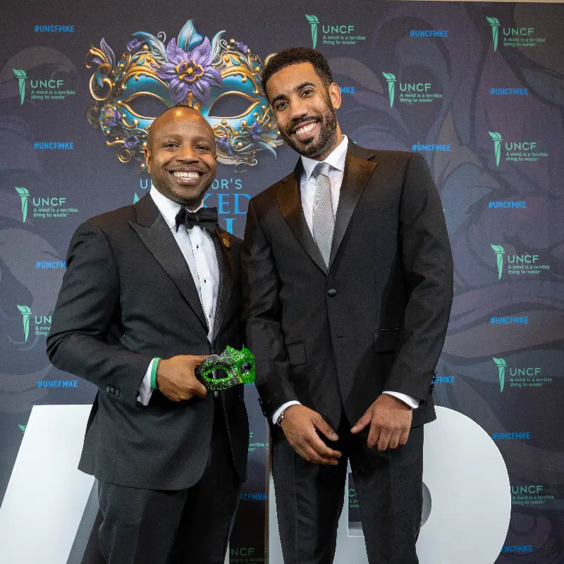 David Bowles and Cavalier Johnson at the mayor's masked ball.