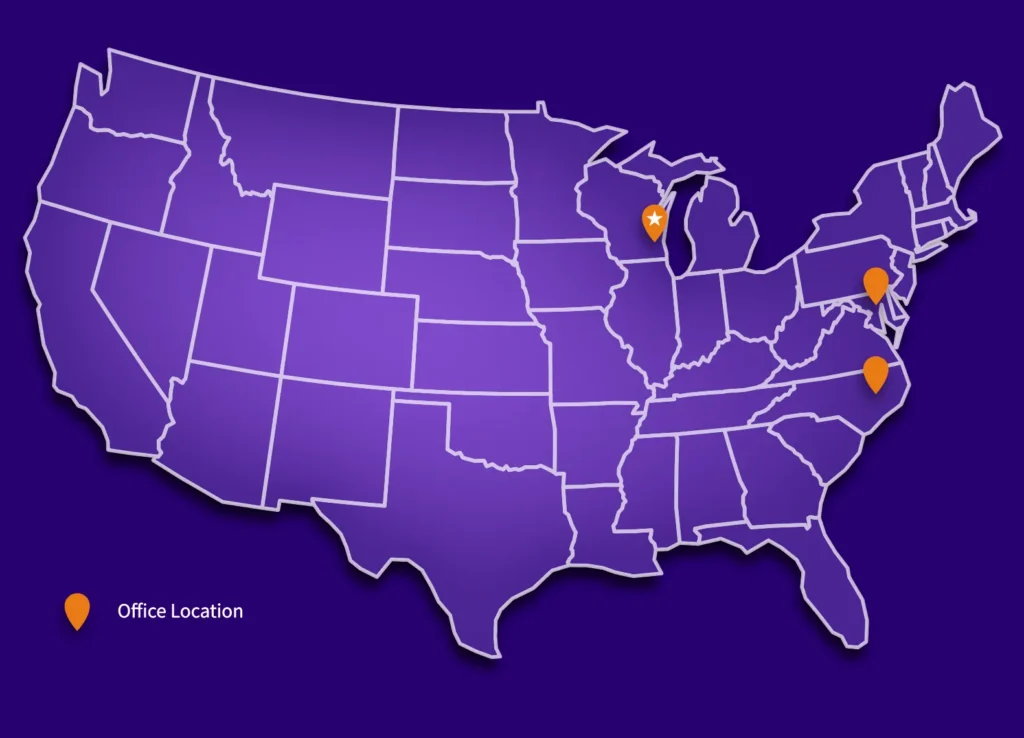 Map of the continental United States in blue. There are markers for CMRignites's offices in Milwaukee. Wisconsin, Washington DC, and Charlotte, North Carolina.